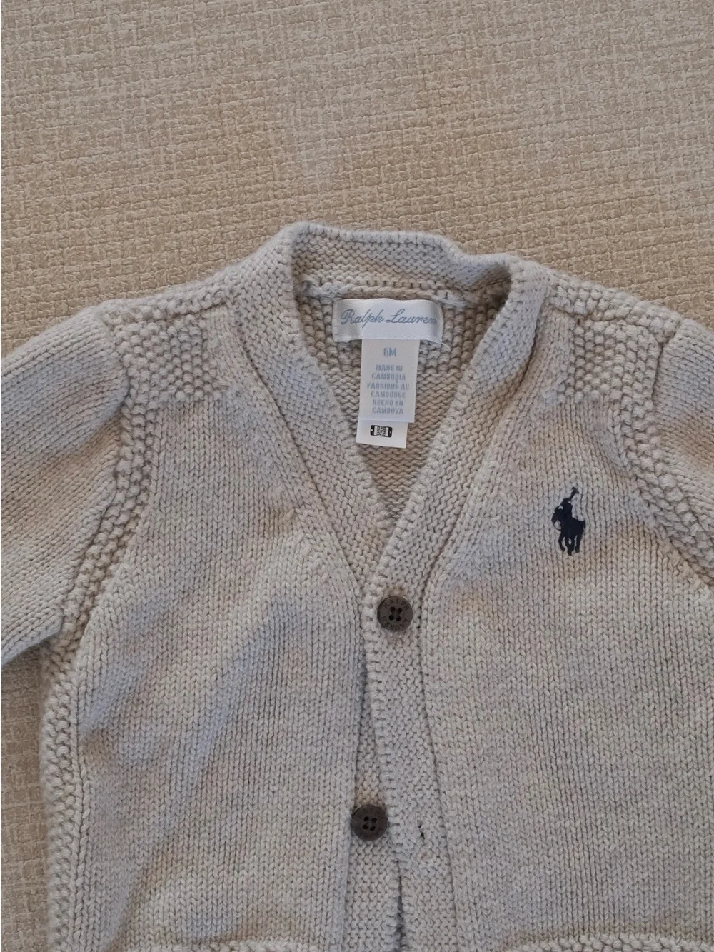Ralph Lauren Knit Button-Front Cardigan in Light Beige with Navy Pony
